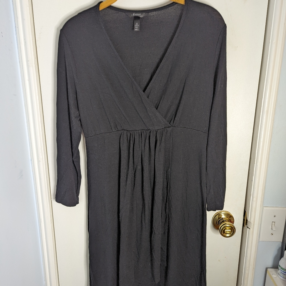 Long sleeve deep v flowy wrap dress, black, size small